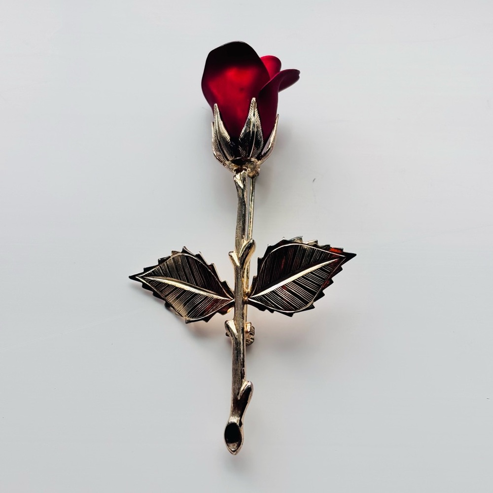 Vintage Gold Tone Red Enamel Rose Brooch 3”